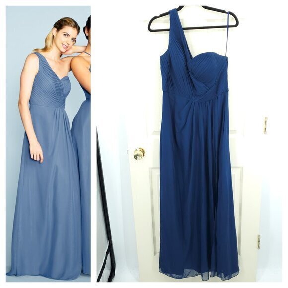 Weddington Way One Shoulder Chiffon Fit and Flare Bridesmaid's Gown 10 Navy Blue - Picture 1 of 14
